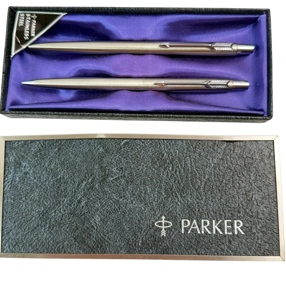 Vintage Parker Stainless Steel Pen Pencil Set In Box Ballpoint Mechanical USA